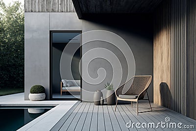 Wooden clean terrace with swimming pool and lounge chair, chill zone, Generative AI Stock Photo