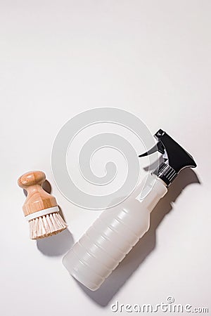 Wooden cleaning brush and nontoxic spray or vinegar, natural Eco cleaning supplies Stock Photo