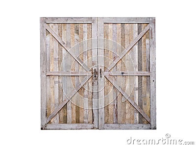 Wooden closed door of old barn isolated on white background Stock Photo