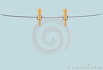 Wooden Cloth pegs hanging on a rope. Empty space Cartoon Illustration