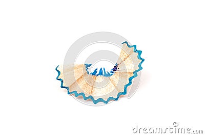 Wooden colored pencil sharpening shavings pile on white isolated background, top view, flat lay, copy space. Back to school Stock Photo