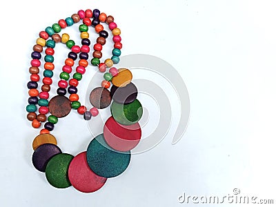 Wooden colourful ethnic beads ethnic jewelry handicraft. Stock Photo