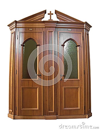 Wooden Confessional. Stock Photo