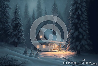 Wooden cottage covered with snow in winter forest at night, cozy Cartoon Illustration