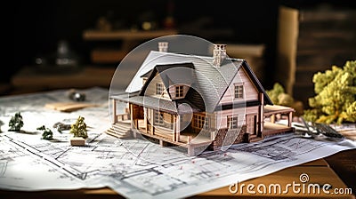 Wooden cottage miniature model on an architect's table Stock Photo