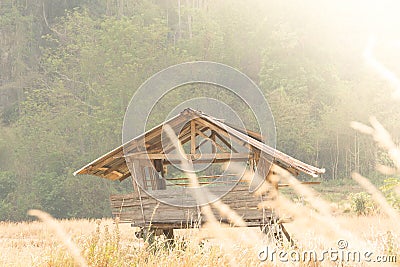 Wooden cottage in a Mission grass field Stock Photo