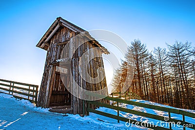 Wooden cottage in winter. Daegwallyeong Sheep Farm in Gangwondo, South Korea. Stock Photo