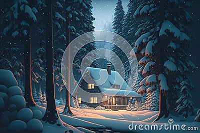 Wooden cottage in winter forest surrounded by snow covered pine Cartoon Illustration