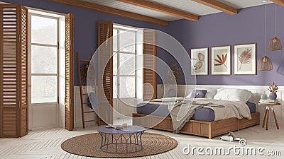 Wooden country bedroom in white and purple tones. Mater bed with blanket. Windows with shutters and parquet floor, carpet and Stock Photo