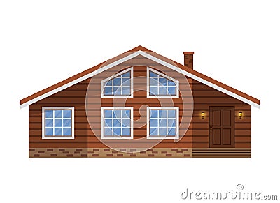 Wooden country brown house, cottage, chalet, villa, isolated on white background. Vector Illustration