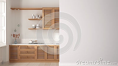 Wooden country provencal kitchen with cabinets and shelves on a foreground wall, interior design architecture idea, concept with Stock Photo