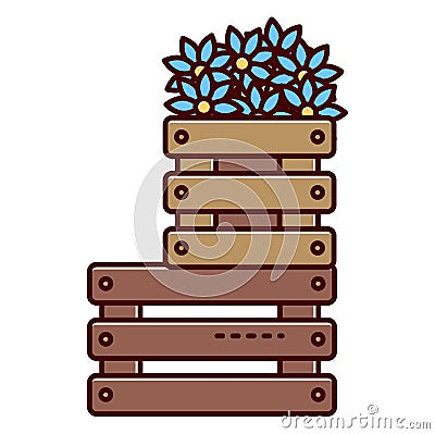 Wooden crate with blue flowers, stack of boxes with plants, garden illustration. Container for blooms, decorative spring Cartoon Illustration