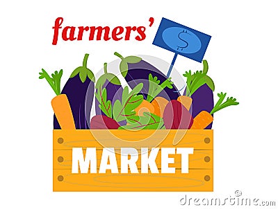 Wooden crate filled with fresh vegetables and a price sign. Organic farm produce for sale at a local market. Healthy Cartoon Illustration