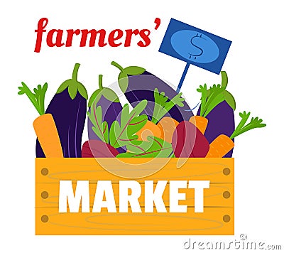 Wooden crate filled fresh vegetables price sign. Organic farm produce sale local market. Healthy Vector Illustration