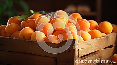 Wooden crate filled with luscious and juicy apricots Stock Photo