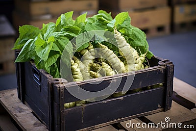 a wooden crate filled with wasabi roots ready for market shipment Stock Photo