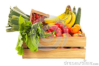 Wooden crate fresh vegetables and fruit Stock Photo