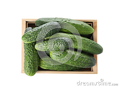 Wooden crate full of fresh ripe cucumbers on white background Stock Photo