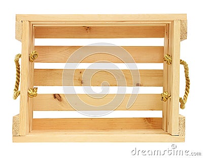 Wooden Crate with Golden Rope Lifting Ears isolated on white background Stock Photo