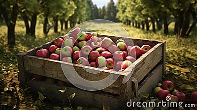 A wooden crate overflowing with fresh red and green apples. Generative ai Stock Photo