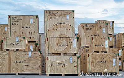 Wooden crates for Aramco company ready for transport. Editorial Stock Photo