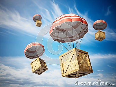 Wooden crates in the sky being delivered with parachutes. 3D illustration Cartoon Illustration