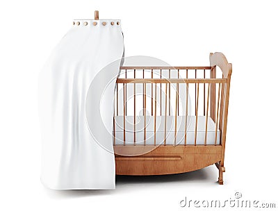 Wooden crib with canopy isolated on white background. 3d rendering Stock Photo
