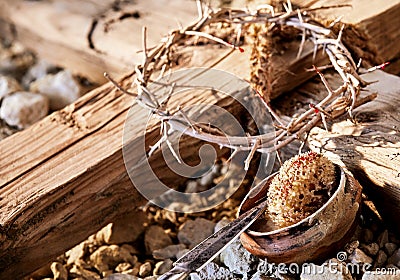 Wooden cross among crucifixion symbols Stock Photo