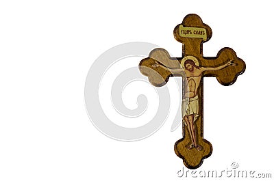 Wooden cross with crucifixion Wooden cross with Jesus Christ crucifixion Stock Photo