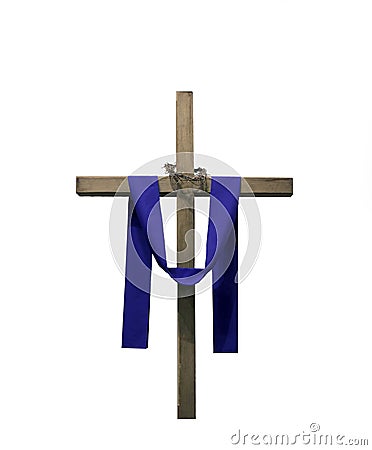 Wooden cross draped with purple fabric and thorns Stock Photo