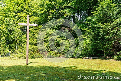 Wooden Cross in Forest Cemetary Graveyard Religious Christian St Stock Photo