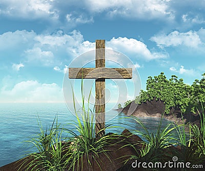 Wooden cross on the island Stock Photo