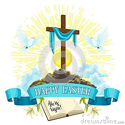 Wooden cross with shroud, bible and doves. Happy Easter concept illustration or greeting card. Religious symbols of Vector Illustration