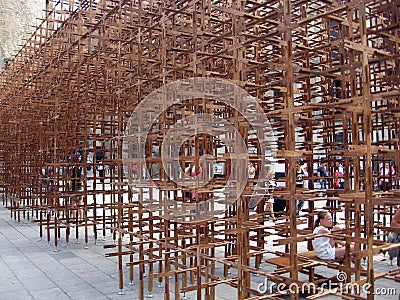 Wooden cross structure outside the Cathedral Barcelona summer 2014 Editorial Stock Photo