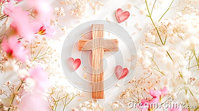 Wooden cross with tender spring flowers on white background Stock Photo