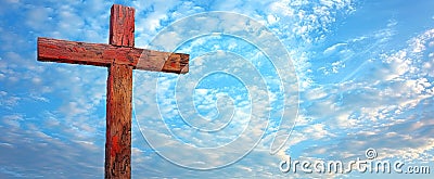 Wooden cross under blue sky. Concept of hope, Easter celebration, resurrection, divine presence, religious faith Stock Photo