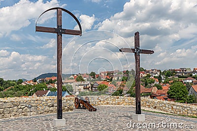 Wooden crosses on top of Szep bastion Eger Castle Hungary Stock Photo
