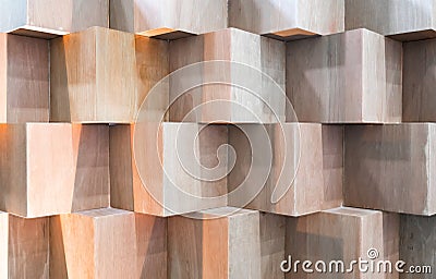 Wooden cube boxes creating abstract geometric wall Stock Photo