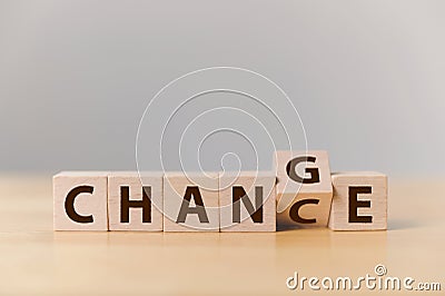 Wooden cube flip with word `change` to `chance`, Personal development and career growth or change yourself Stock Photo