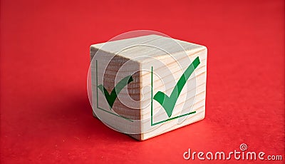 Wooden cube with green check mark symbol on red background. Checkbox concept Stock Photo