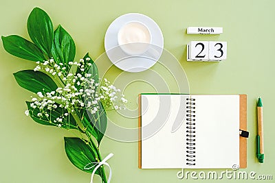 Wooden cubes calendar March 23. Notepad, cup of coffee, bouquet flowers on green background. Concept hello spring Top view Flat Stock Photo