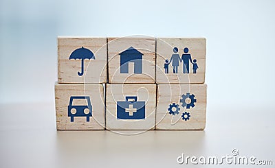Wooden, cubes or stack in house risk management, security or future protect on background desk mockup or home table Stock Photo