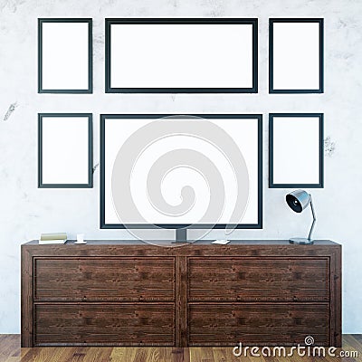 Wooden cupboard with monitor and frames Stock Photo