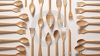 Wooden cutlery, disposable fork, spoon and knife isolated on white background Stock Photo