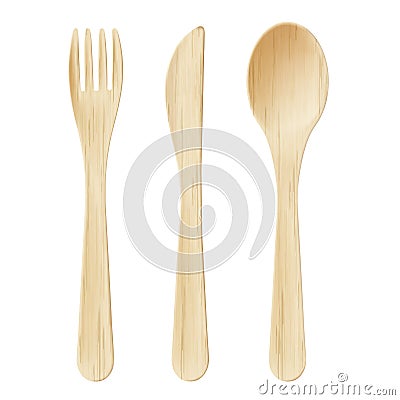 Wooden cutlery, disposable fork, spoon and knife Vector Illustration