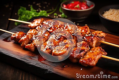 A wooden cutting board displaying tasty chicken skewers ready to be grilled or served, Grilled teriyaki chicken skewers, AI Stock Photo