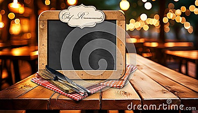 Cutting Board and Empty Blackboard on a Table with Text Chef Recommends - Generative Ai Stock Photo
