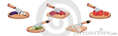 Wooden Cutting Board with Knife Chopping Vegetable Vector Set Vector Illustration