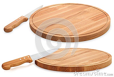 Wooden cutting board and knife isolated on white background. Set Stock Photo