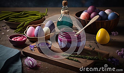 a wooden cutting board topped with eggs and a jar filled with colored dye next to bowls of eggs and asparagus on a table Stock Photo